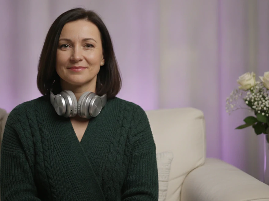 Woman on her sofa with headphones around her neck after adding music to a memorial video