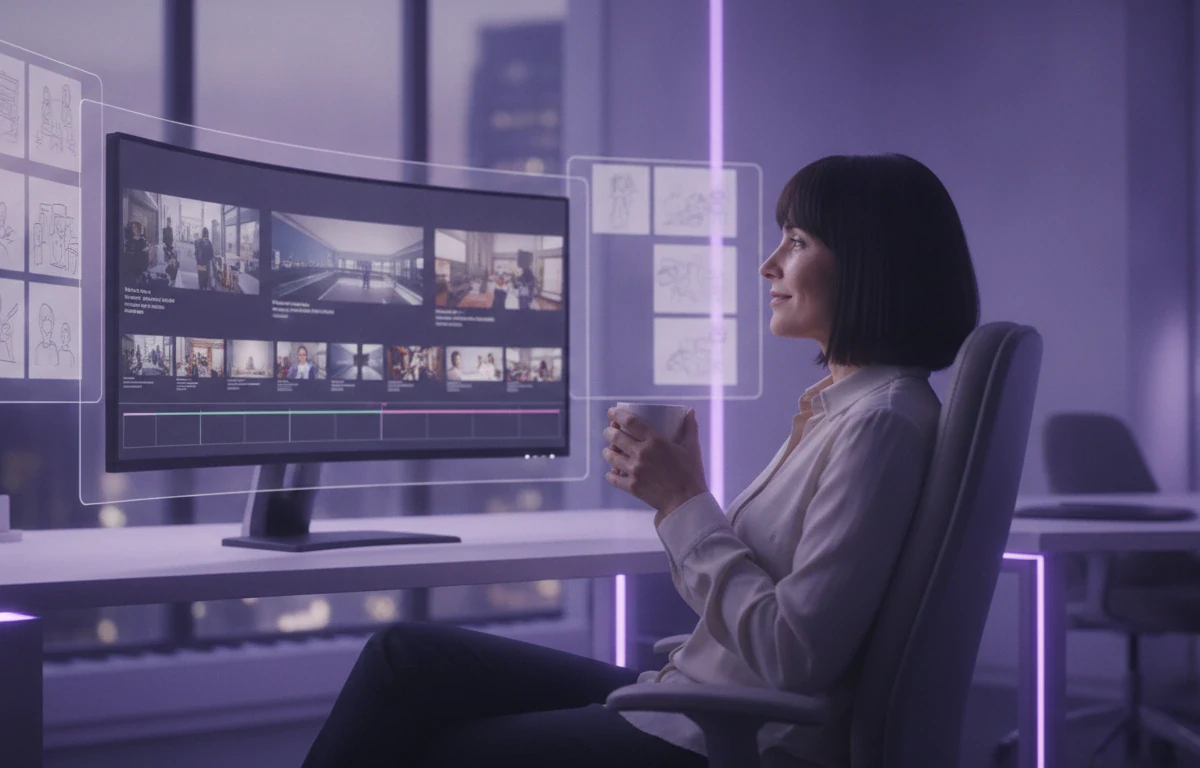 A woman relaxing with a coffee as a video assembles itself on her monitor, storyboard panels floating beside it
