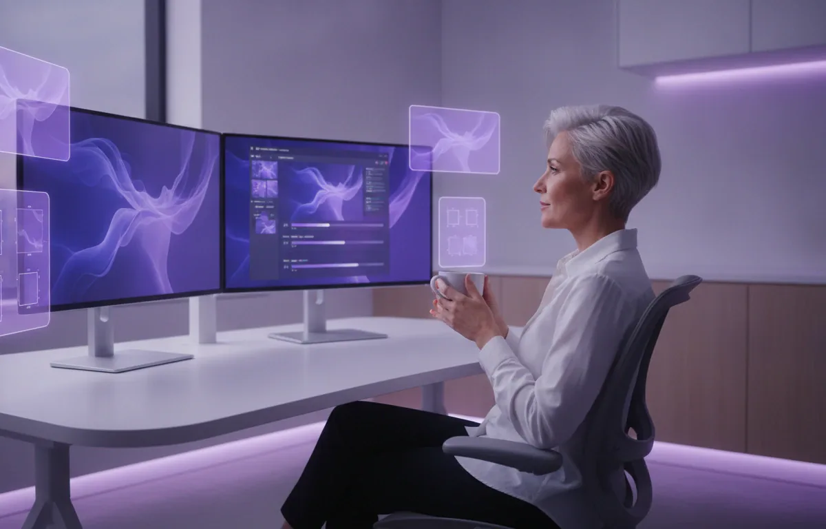 A woman relaxing with tea as two monitors assemble finished videos in matching brand colors