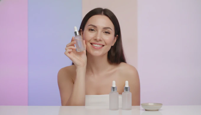 A woman smiling with skincare products in a video made from a product page link