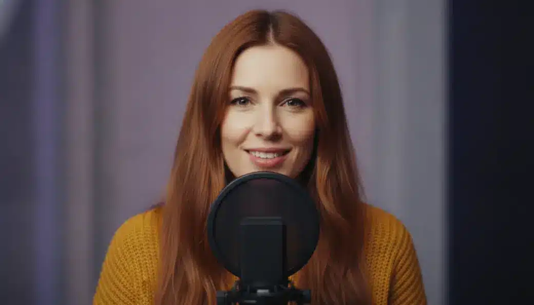A woman speaking into a studio microphone in a captioned video Pictory made from her voice
