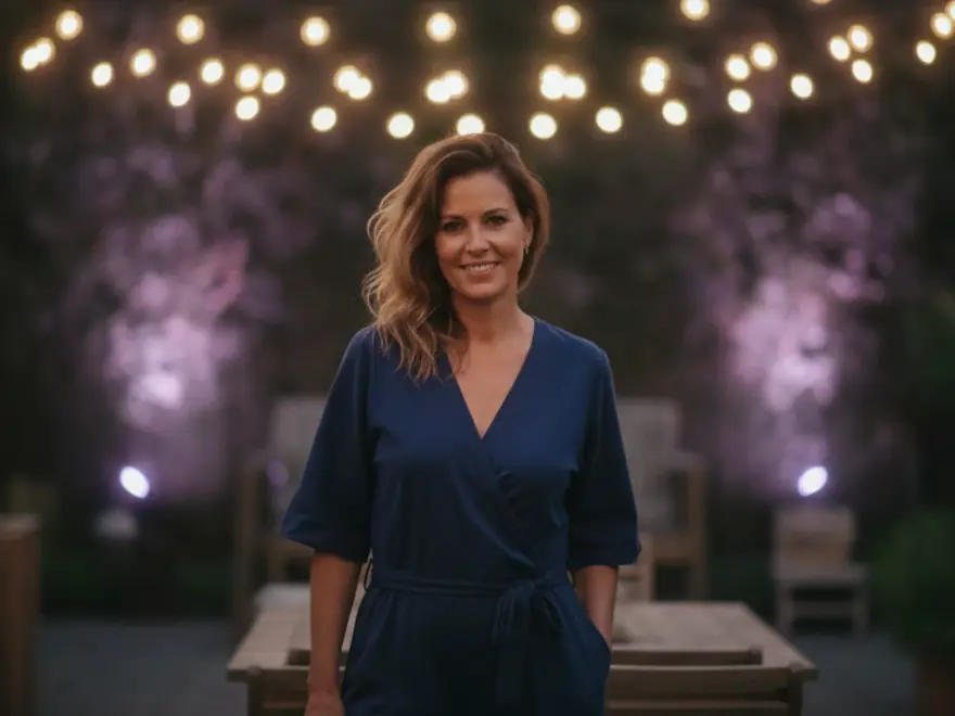 Woman under string lights on a patio in a video invitation that uses her own photos