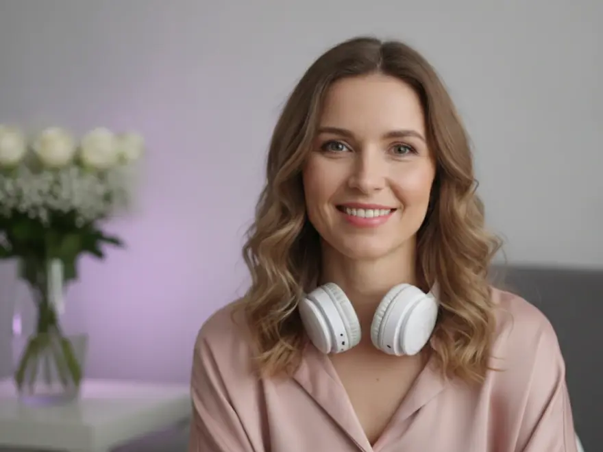 Woman with headphones around her neck after adding the first dance song to her wedding video