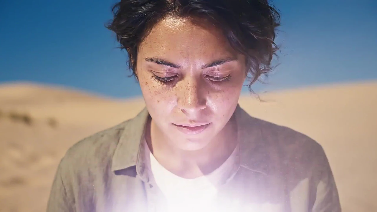 A woman with short dark hair and freckles looks down, her face lit by a soft glow, with desert dunes and blue sky behind her