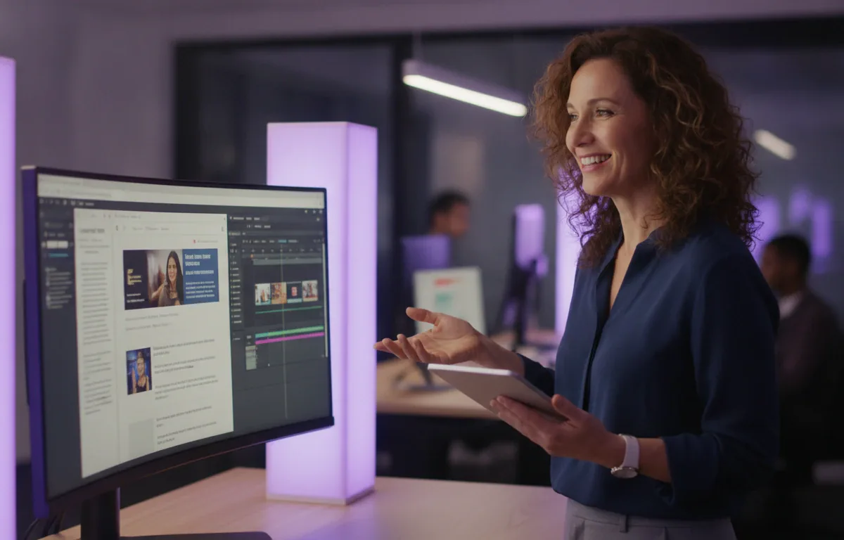 A woman with a tablet smiling as a document, a web page and slides slide into a video timeline on her monitor