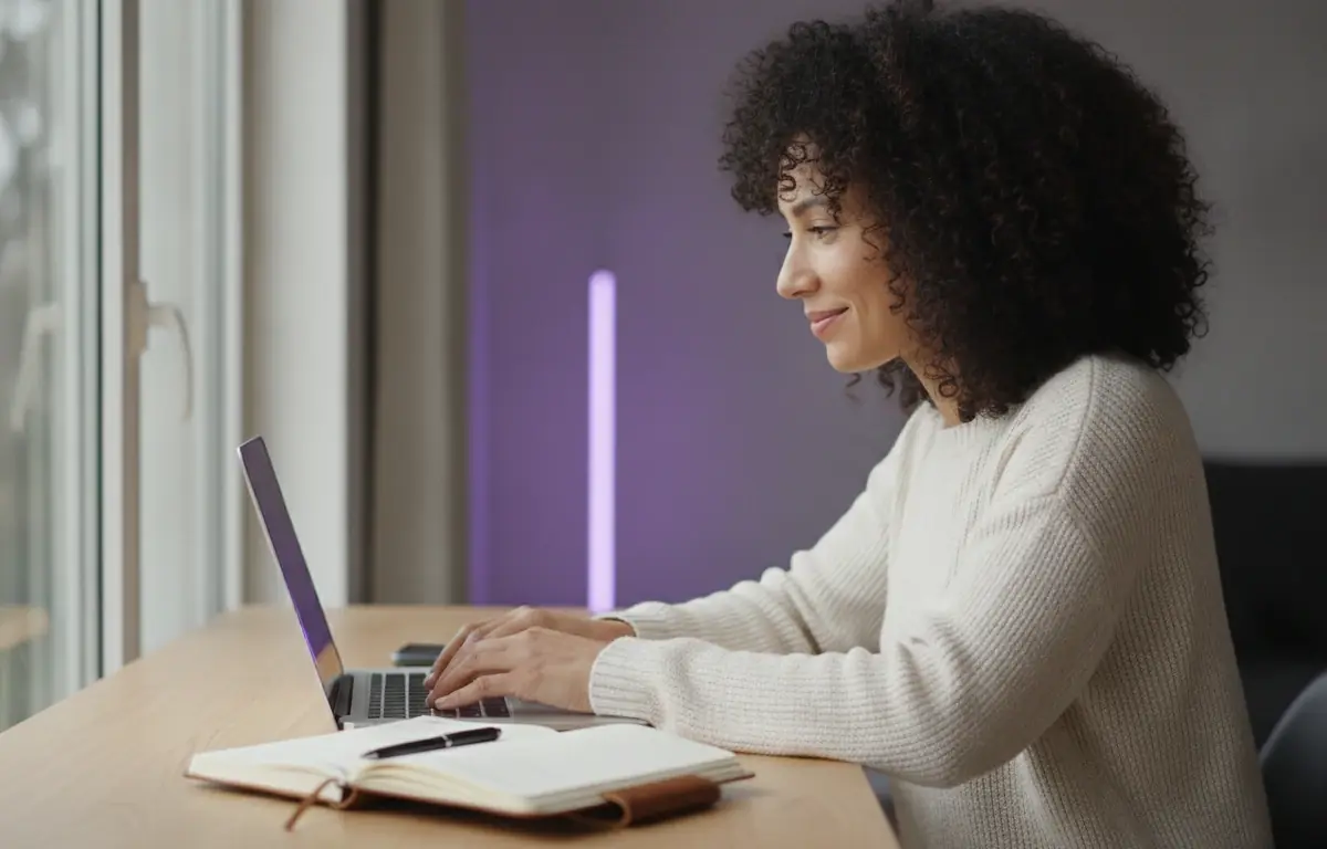 Writer at her laptop turning her notes into a captioned video with Pictory's text to video AI