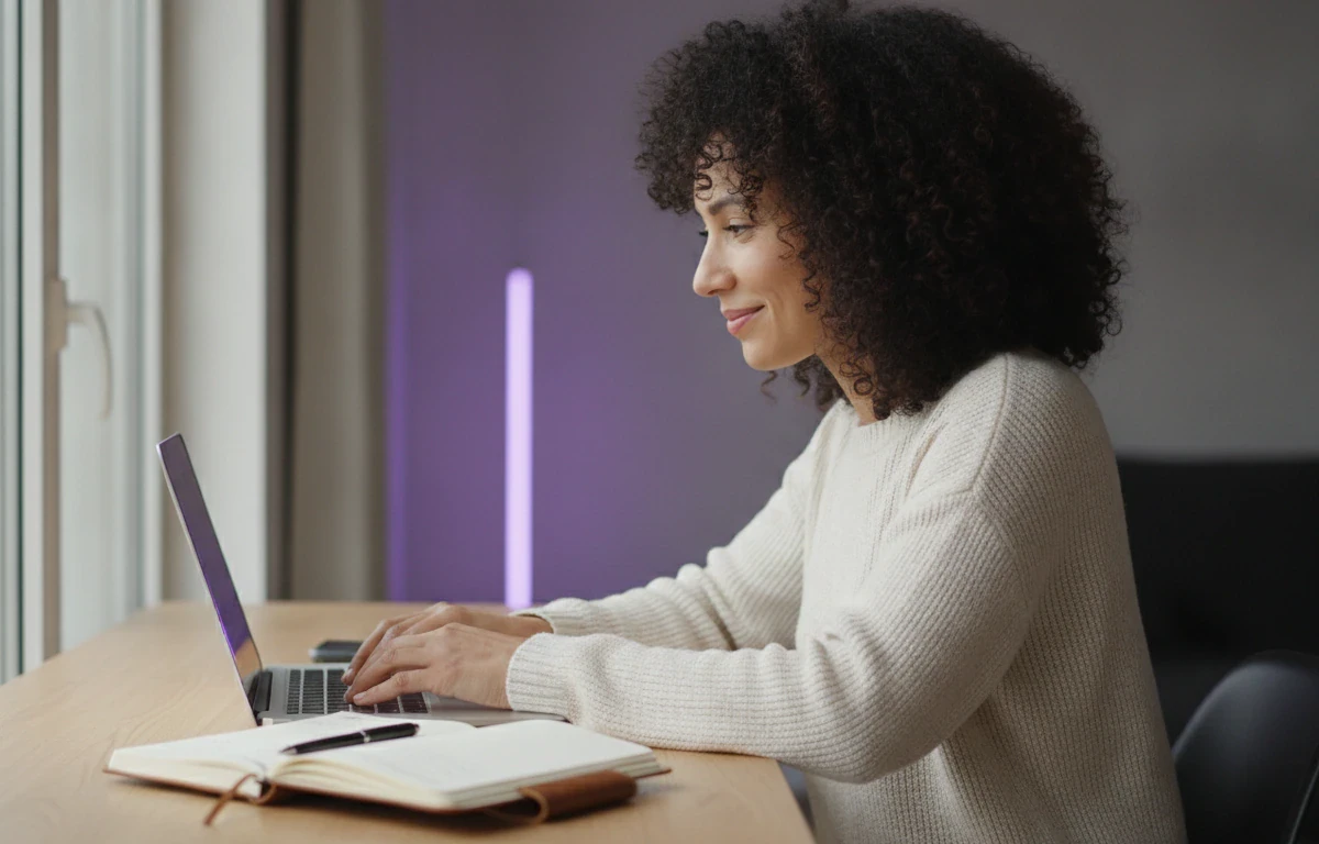 Writer at her laptop turning her notes into a captioned video with Pictory's text to video AI