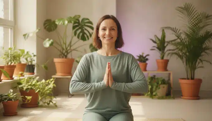 A yoga instructor in a bright studio in a class video with captions added by Pictory