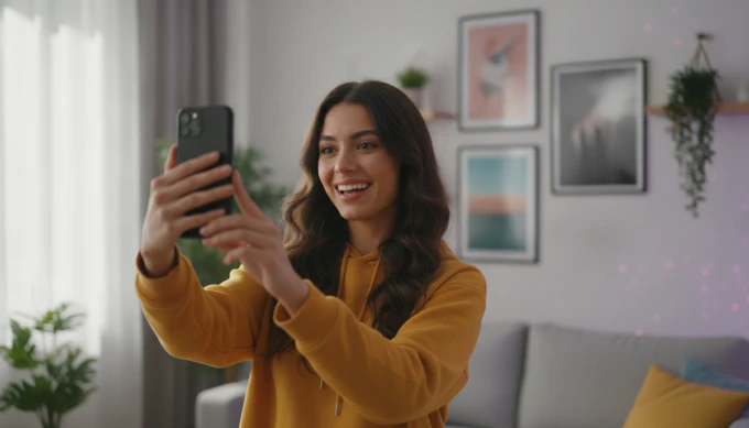 A young creator in a mustard hoodie filming herself on her phone in a bright apartment, with a short video made by Pictory