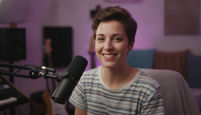 A YouTube creator in her home studio with a microphone, in a video made with the AI video generator