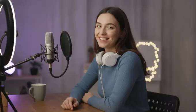 A YouTube creator smiling at her desk in a video narrated by an AI voice